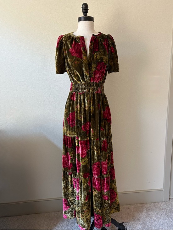 Anthropologie Dresses & Skirts - Anthropologie | Olive Green Velvet Maxi Dress with Pink Floral Print